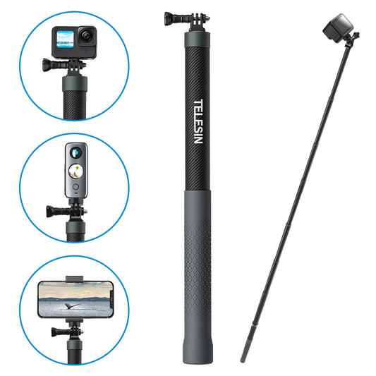Perche à selfie TELESIN en fibre de carbone, monopode extensible avec vis 1.2, GoPro, Insta360, Osmo Action DJI, caméra d'action, 1/4 m, 3m