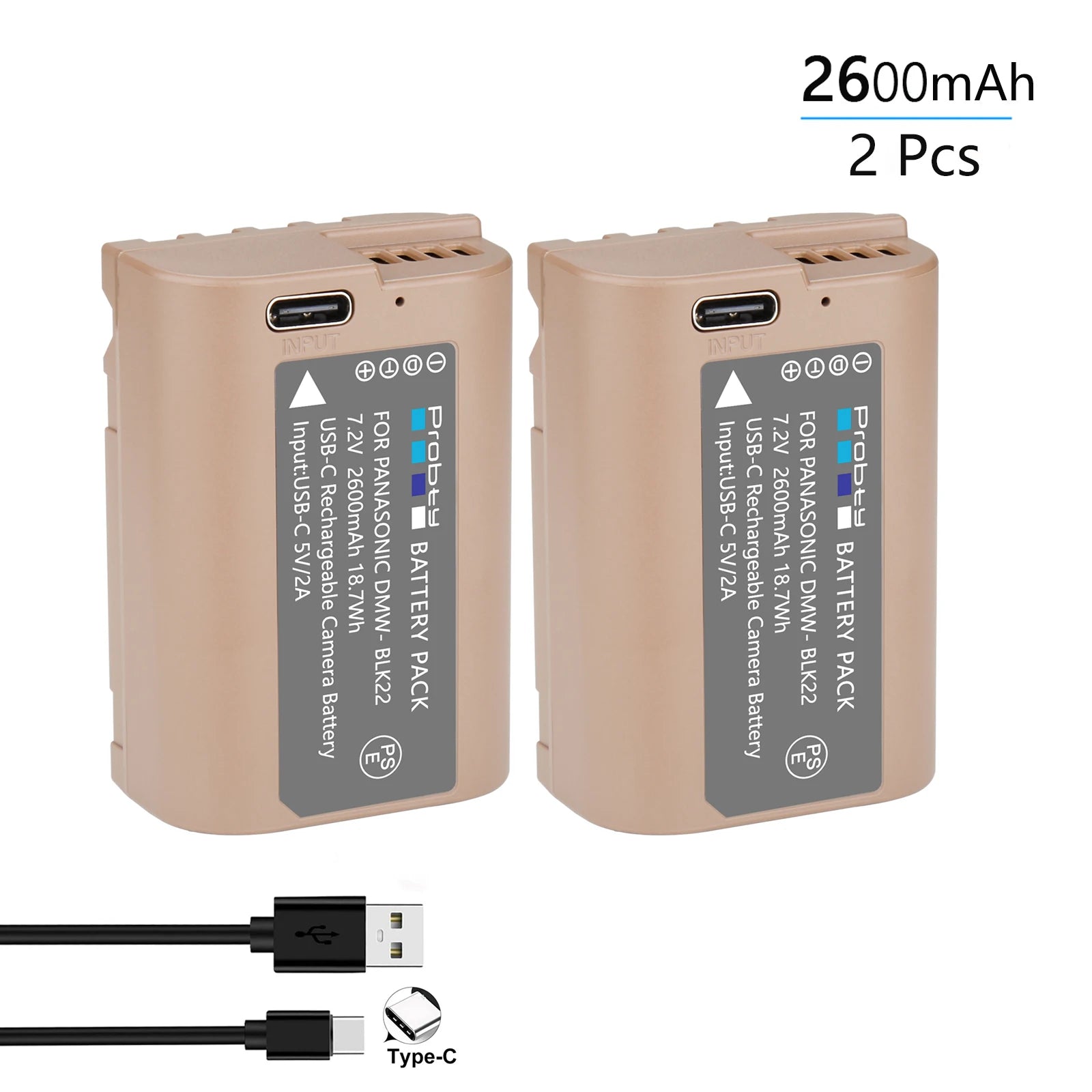 Batterie Probty DMW-BLK22 DMW BLK22, 2600mAh, avec charge USB-C, pour appareils photo Panasonic LUMIX DC-S5 DC-S5 II DC-S5 IIX GH5 II GH6 GH5M2