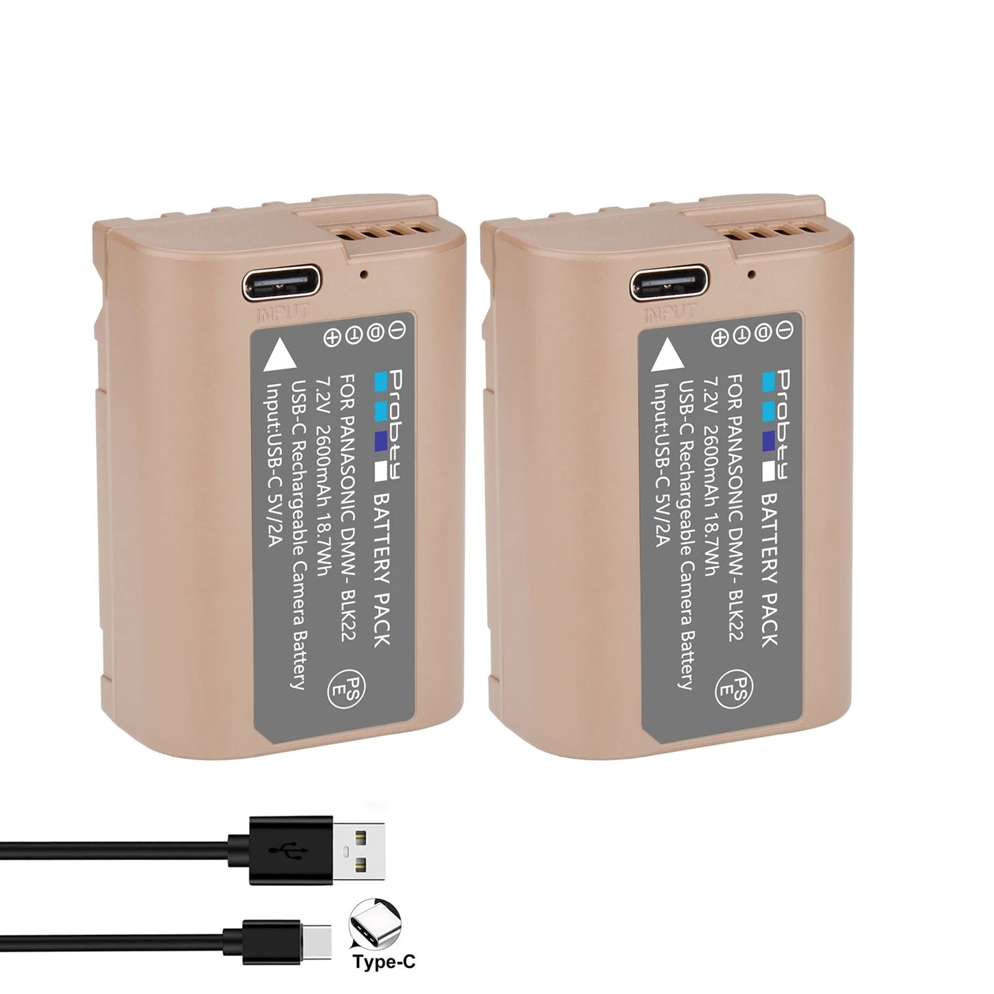 Batterie Probty DMW-BLK22 DMW BLK22, 2600mAh, avec charge USB-C, pour appareils photo Panasonic LUMIX DC-S5 DC-S5 II DC-S5 IIX GH5 II GH6 GH5M2