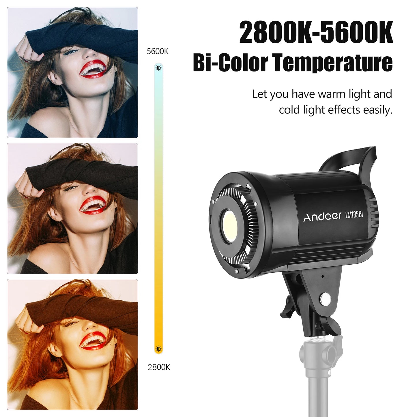 Eclairage LED studio Andoer LM135Bi lumière 135W 3000K-5600K monture Bowens pour Portrait, mariage, Streaming en direct...