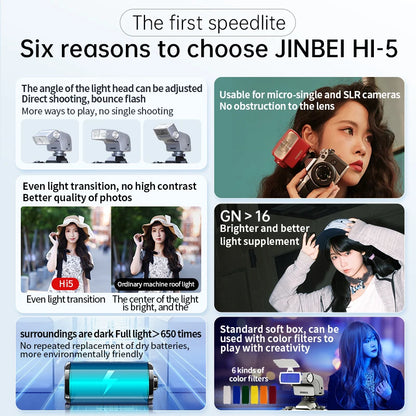 Flash rétro JINBEI HI-5 GN16 Speedlite 6000 ± 200K, 7 recycleurs, universel pour canon, Nikon, Sony, Fuji