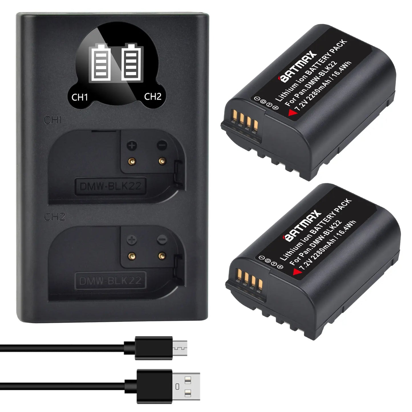 Batterie Batmax DMW-BLK22 BLK22 2280mAh + chargeur double pour Panasonic LUMIX DC-S5, DC-S5K, GH5 II, GH6, S5M2, S5M2X, GH5M2