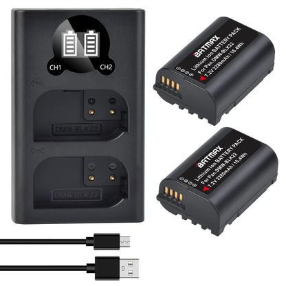 Batterie Batmax DMW-BLK22 BLK22 2280mAh + chargeur double pour Panasonic LUMIX DC-S5, DC-S5K, GH5 II, GH6, S5M2, S5M2X, GH5M2