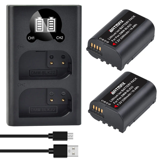 Batterie Batmax DMW-BLK22 BLK22 2280mAh + chargeur double pour Panasonic LUMIX DC-S5, DC-S5K, GH5 II, GH6, S5M2, S5M2X, GH5M2