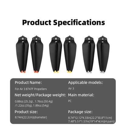 2 Paires Hélice de remplacement 8747F pour Drone DJI Air 3/Air 3S, à dégagement rapide