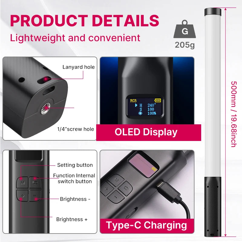 Bâton lumineux Ulanzi VL119 coloré RGB portable 19.68 pouces baguette lumineuse LED portable CRI 95 + 2500K-9000K lampe de Studio de photographie