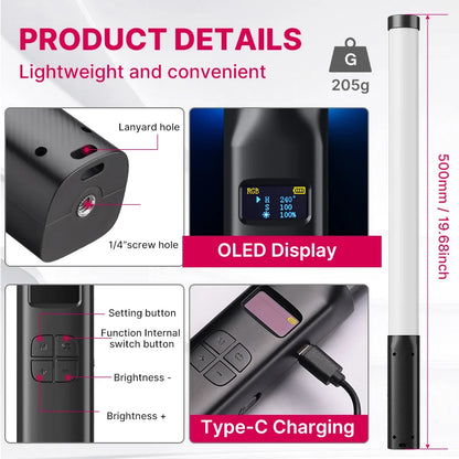 Bâton lumineux Ulanzi VL119 coloré RGB portable 19.68 pouces baguette lumineuse LED portable CRI 95 + 2500K-9000K lampe de Studio de photographie