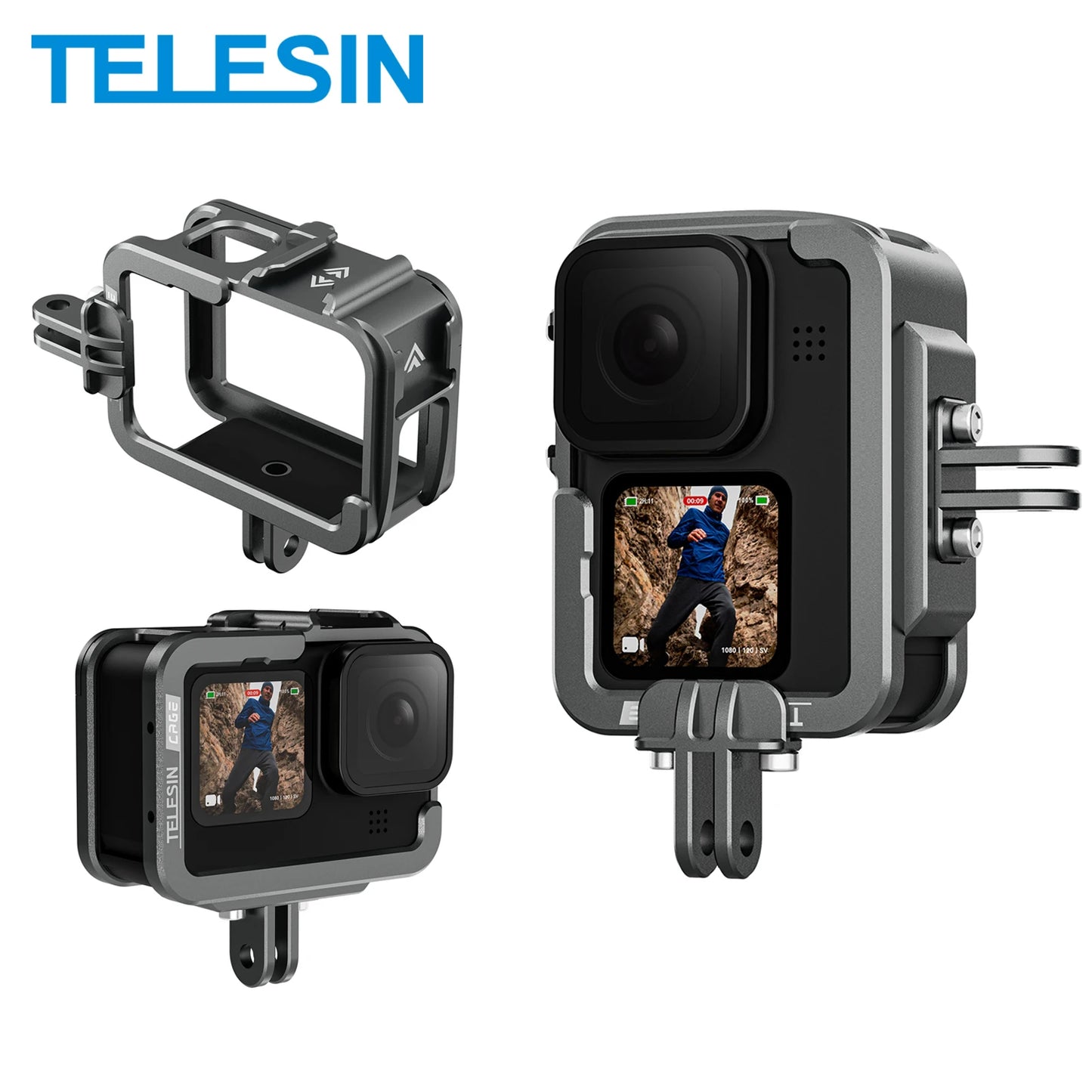 Cage en aluminium TELESIN boîtier de protection avec fixation trépied pour GoPro 12, 12, 11, 10, 9