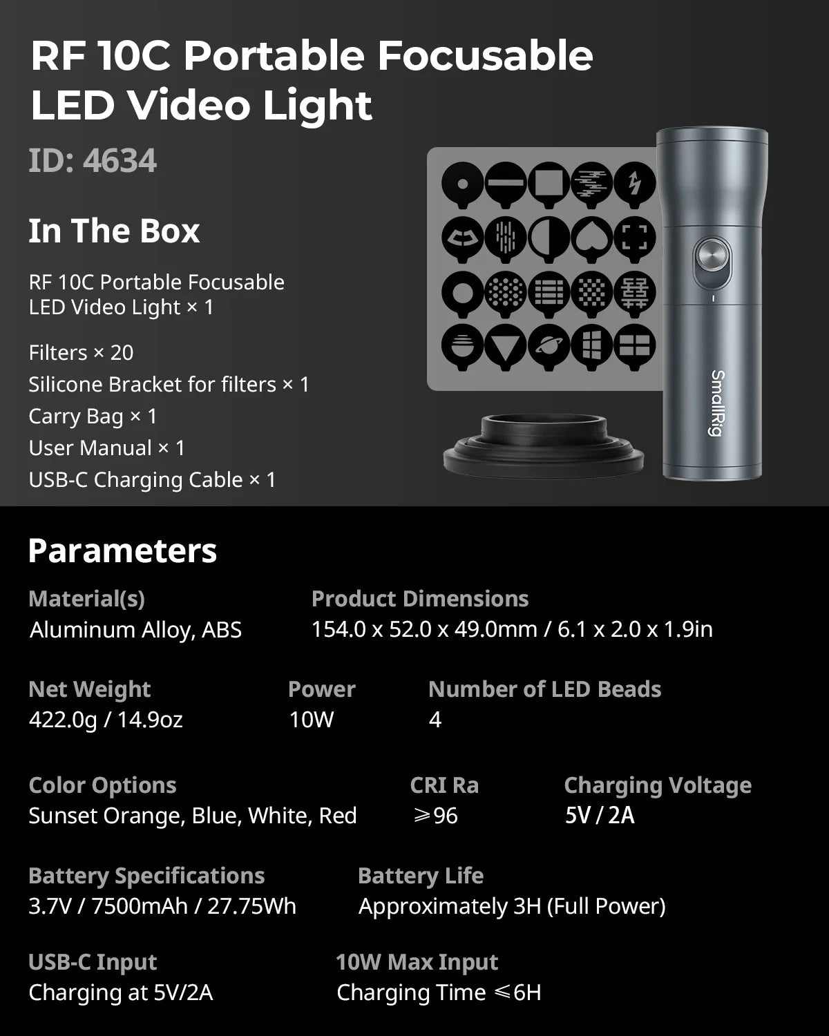 Lampe de poche pour photographie 4 couleurs SmallRig RF 10C 4634 RGB LED 7500 mAh lumière ambiante de remplissage avec 20 filtres de lumière à motifs, vidéo