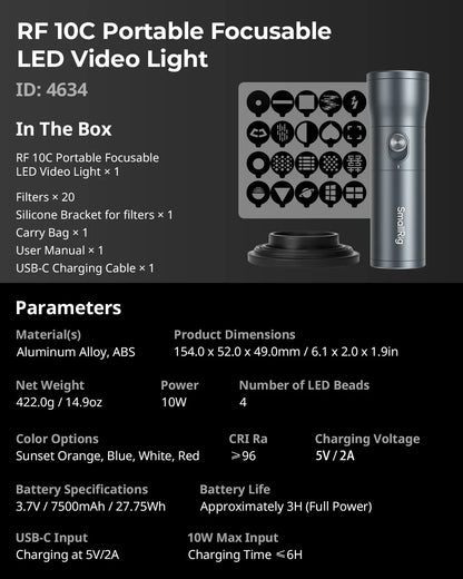 Lampe de poche pour photographie 4 couleurs SmallRig RF 10C 4634 RGB LED 7500 mAh lumière ambiante de remplissage avec 20 filtres de lumière à motifs, vidéo
