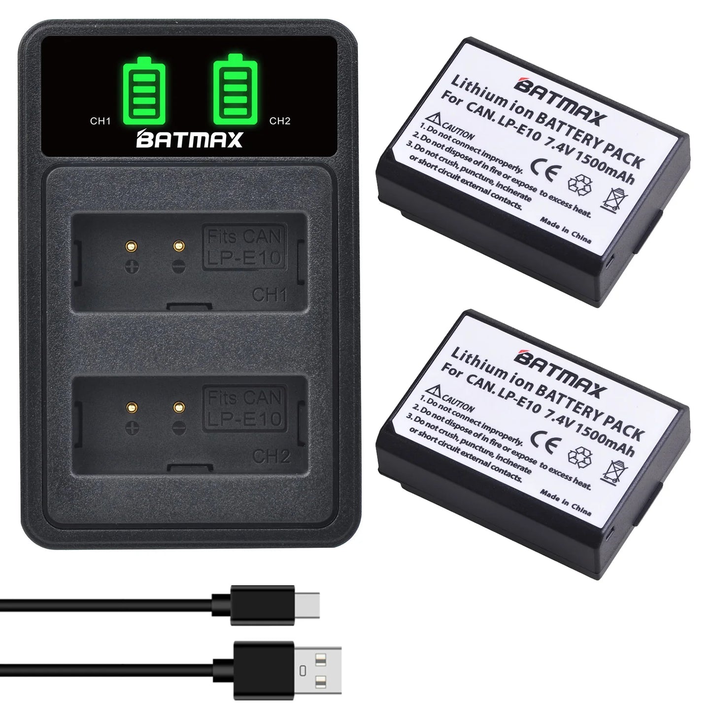 Batterie Batmax 1500mAh LP-E10 LPE10 + chargeur avec Port de Type C pour Canon EOS Rebel T3 T6 T7 T100 Kiss X50 X80 X90 1500D 3000D 4000D