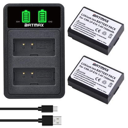Batterie Batmax 1500mAh LP-E10 LPE10 + chargeur avec Port de Type C pour Canon EOS Rebel T3 T6 T7 T100 Kiss X50 X80 X90 1500D 3000D 4000D