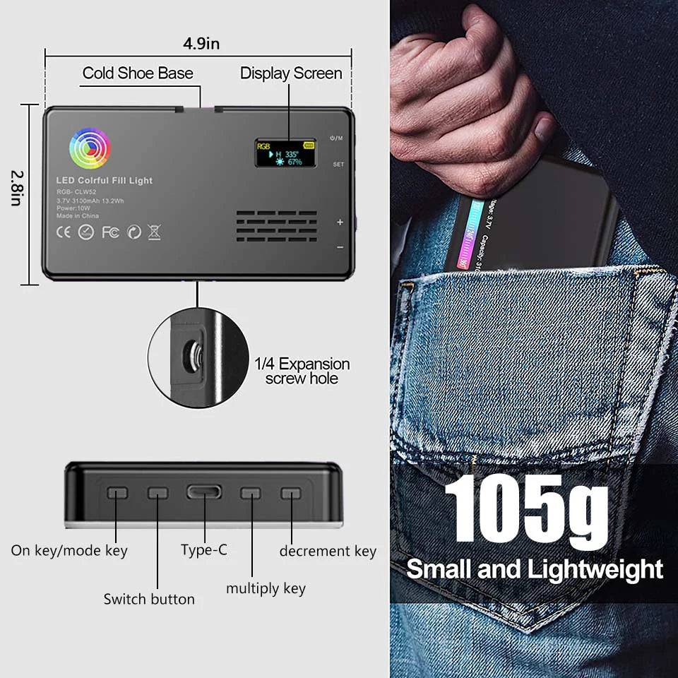 Panneau d'éclairage Lumière RGB LED vidéo photographie CRI95 + 2500-9000K LCD pour Vlog Streaming en direct