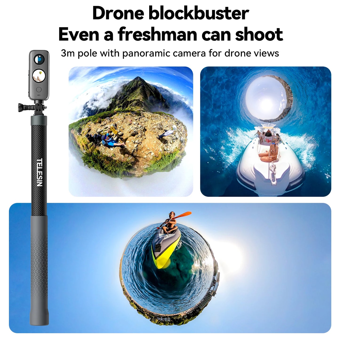 Perche à selfie TELESIN en fibre de carbone, monopode extensible avec vis 1.2, GoPro, Insta360, Osmo Action DJI, caméra d'action, 1/4 m, 3m