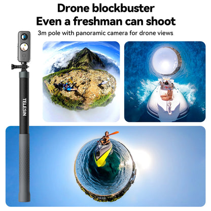 Perche à selfie TELESIN en fibre de carbone, monopode extensible avec vis 1.2, GoPro, Insta360, Osmo Action DJI, caméra d'action, 1/4 m, 3m
