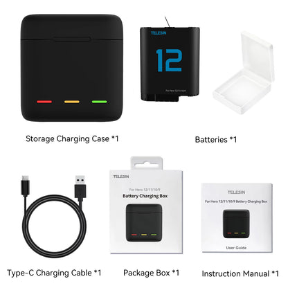 Batterie TELESIN pour GoPro Hero 12, 11, 10, 9, 1750 mAh + Chargeur Rapide à 3 Voies