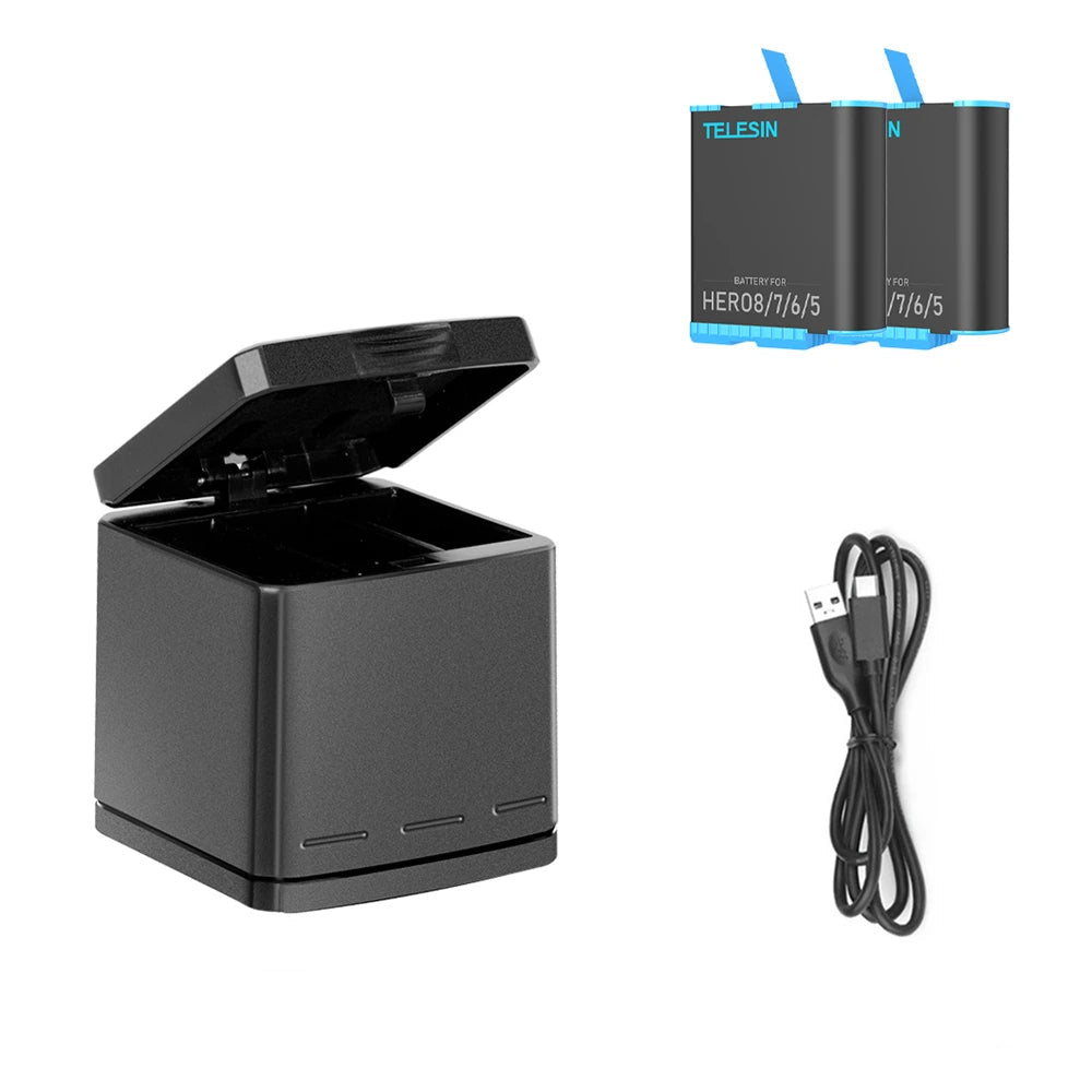 Batterie TELESIN pour GoPro Hero 5, 6, 7, 8, 1220 mAh + Chargeur Rapide à 3 Voies