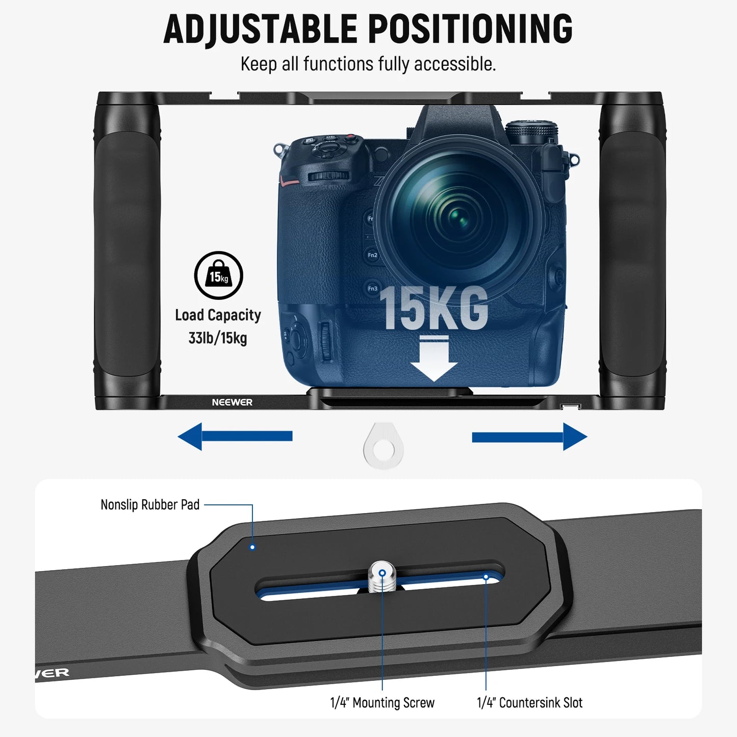 Cage universelle + poignée Neewer ARRI 3/8 ", plate-forme vidéo, base de type Arca