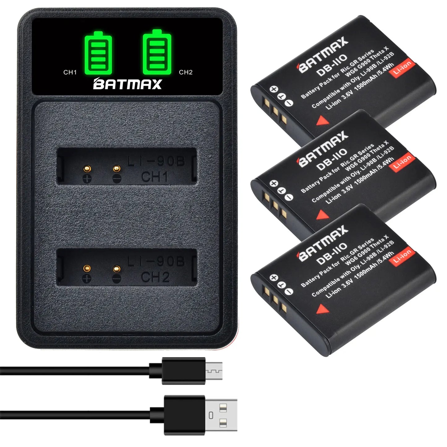 Batterie Batmax DB-110 1500mAh + chargeur double pour appareils photo Ricoh DB-110 GR série Ricoh GR III, GR IIIx, Theta X, WG-6, G900