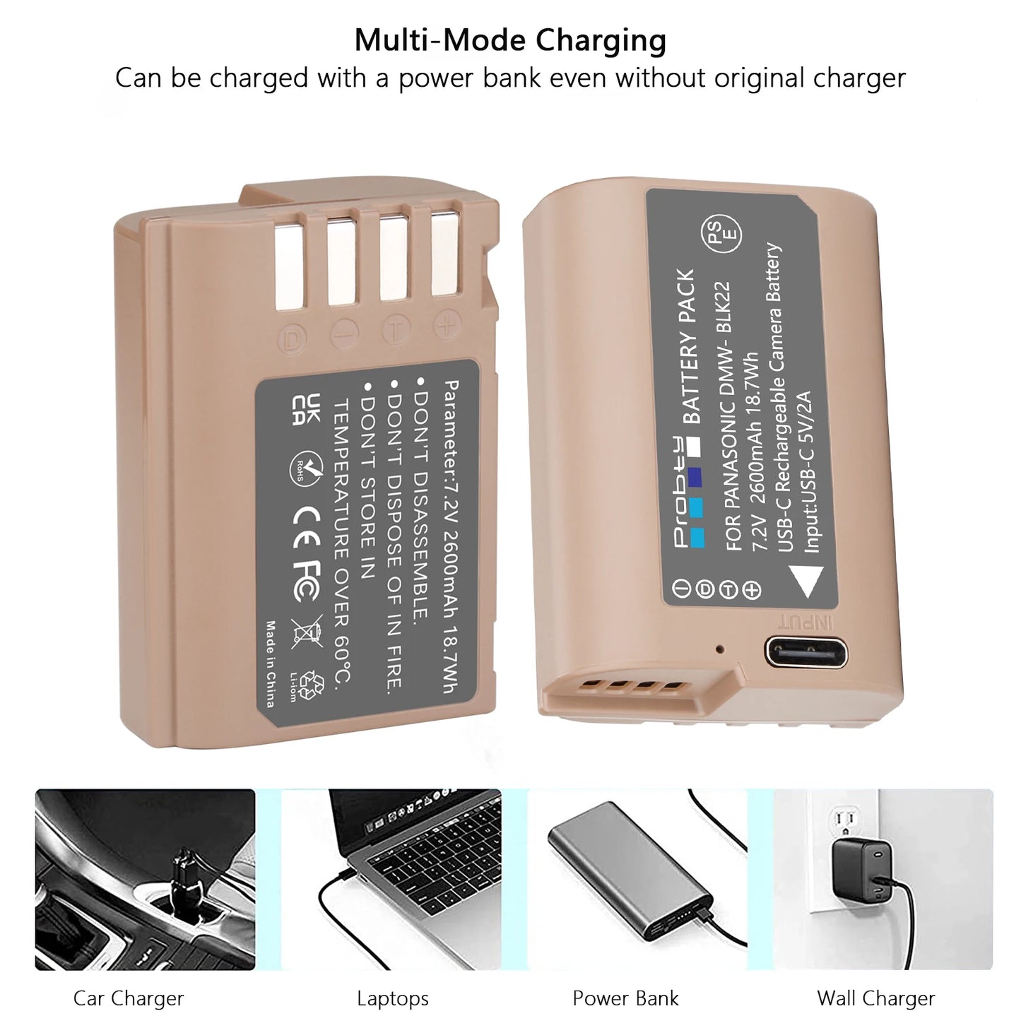 Batterie Probty DMW-BLK22 DMW BLK22, 2600mAh, avec charge USB-C, pour appareils photo Panasonic LUMIX DC-S5 DC-S5 II DC-S5 IIX GH5 II GH6 GH5M2