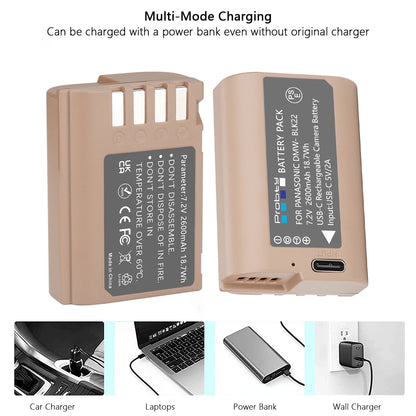 Batterie Probty DMW-BLK22 DMW BLK22, 2600mAh, avec charge USB-C, pour appareils photo Panasonic LUMIX DC-S5 DC-S5 II DC-S5 IIX GH5 II GH6 GH5M2