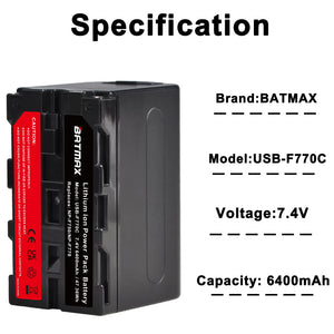 Batterie Batmax NP F750 NP F770 6400mAh avec indicateur LED + recharge USB Type C Port pour Sony NP F960 F970 NP-F550 CCD-TRV58 V1J z1...