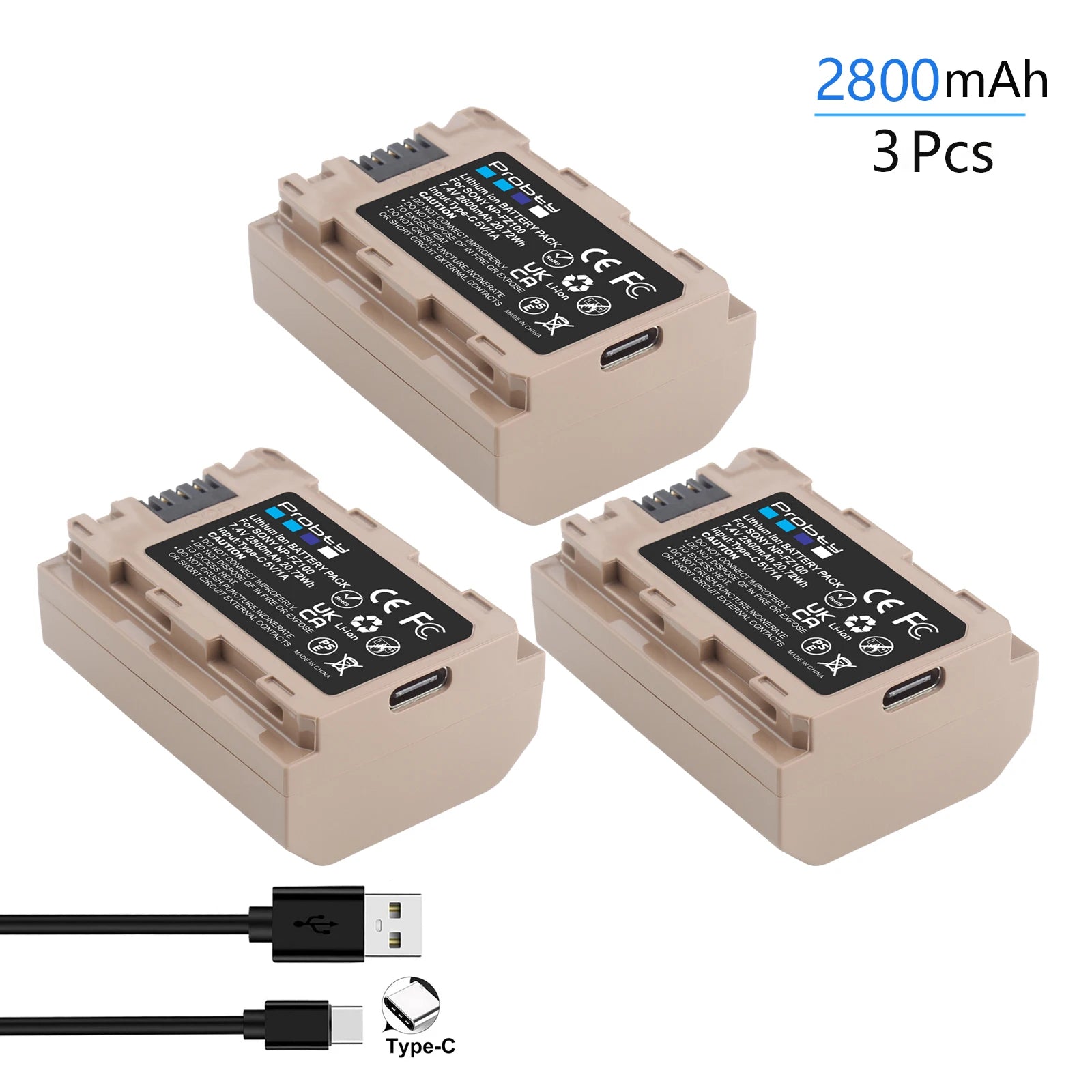 Batterie Probty NP-FZ100 NPFZ100 NP FZ100 avec entrée 5 V 1 A type-c pour Sony A7 III, Alpha A7R III, A7R IV, A9, A6600...