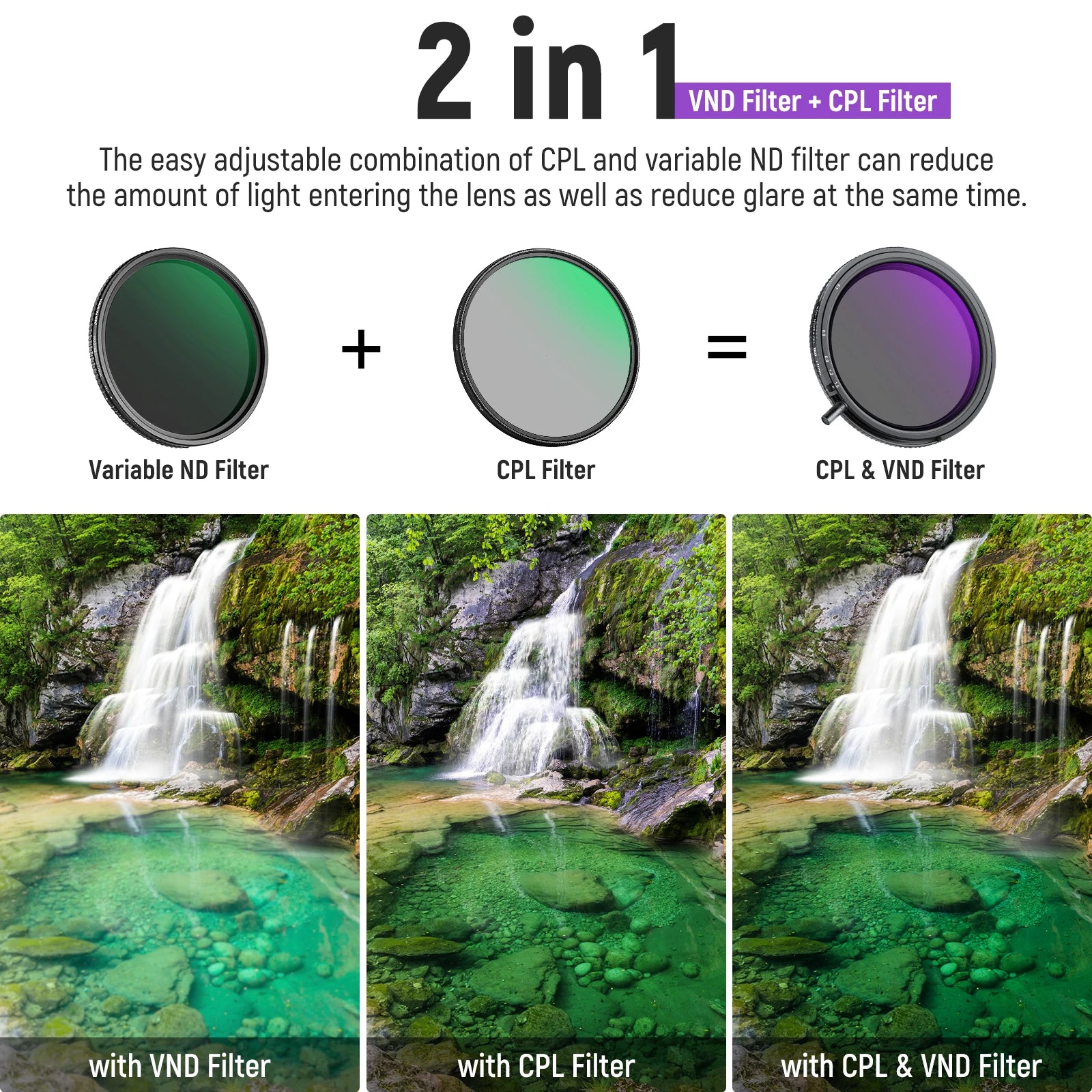 NEEWER True Colors Variable ND Filter ND2-ND32 and CPL, 2 in 1 Adjustable Circular Polarizing and Neutral Density Filter