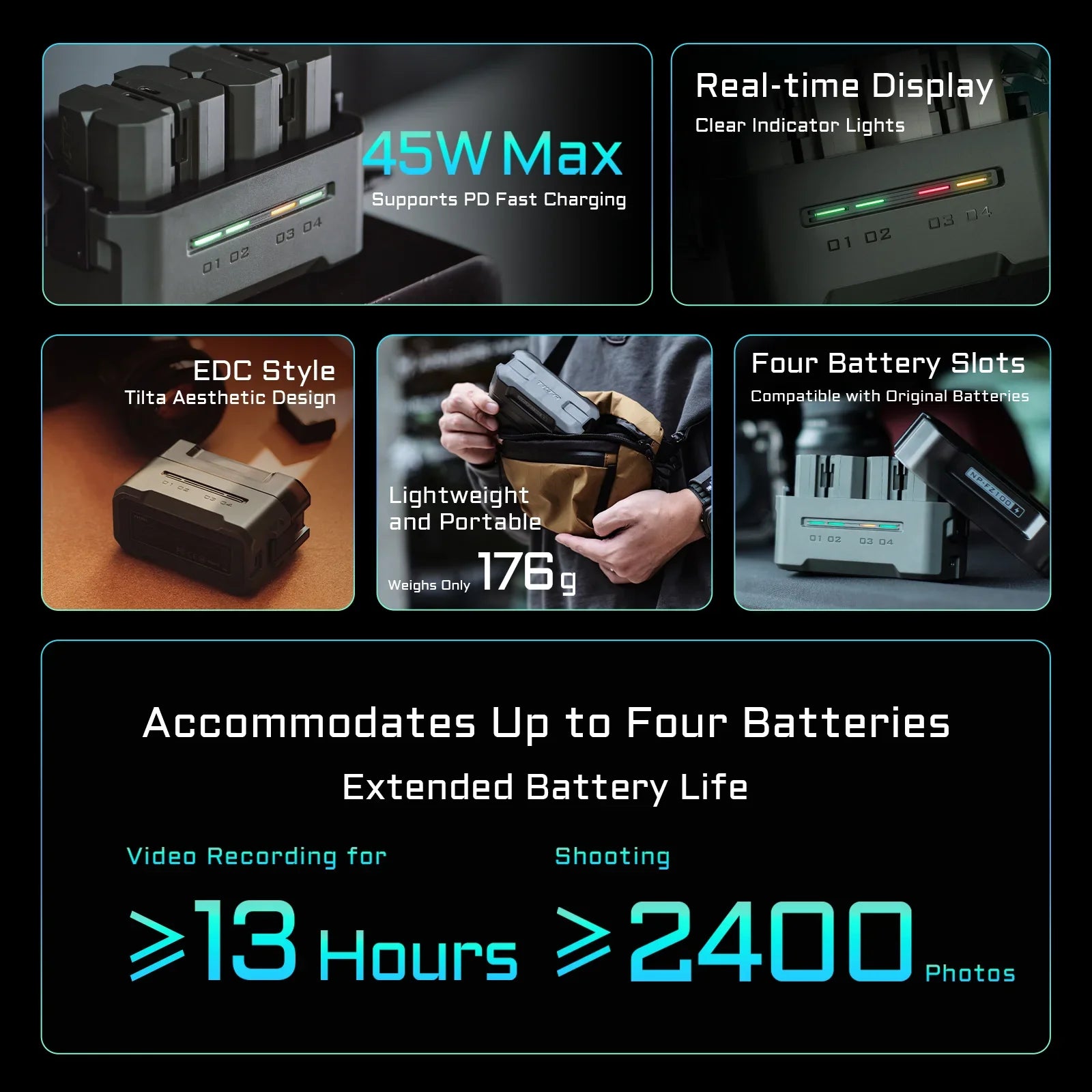 Batterie + chargeur 4 ports TILTA NP-W235 2400 mAh Station de charge portable (4 canaux) pour Fujifilm X-S20 XT5, XT4, GFX100S, GFX100S II, XH2S