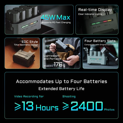 Batterie + chargeur 4 ports TILTA NP-W235 2400 mAh Station de charge portable (4 canaux) pour Fujifilm X-S20 XT5, XT4, GFX100S, GFX100S II, XH2S