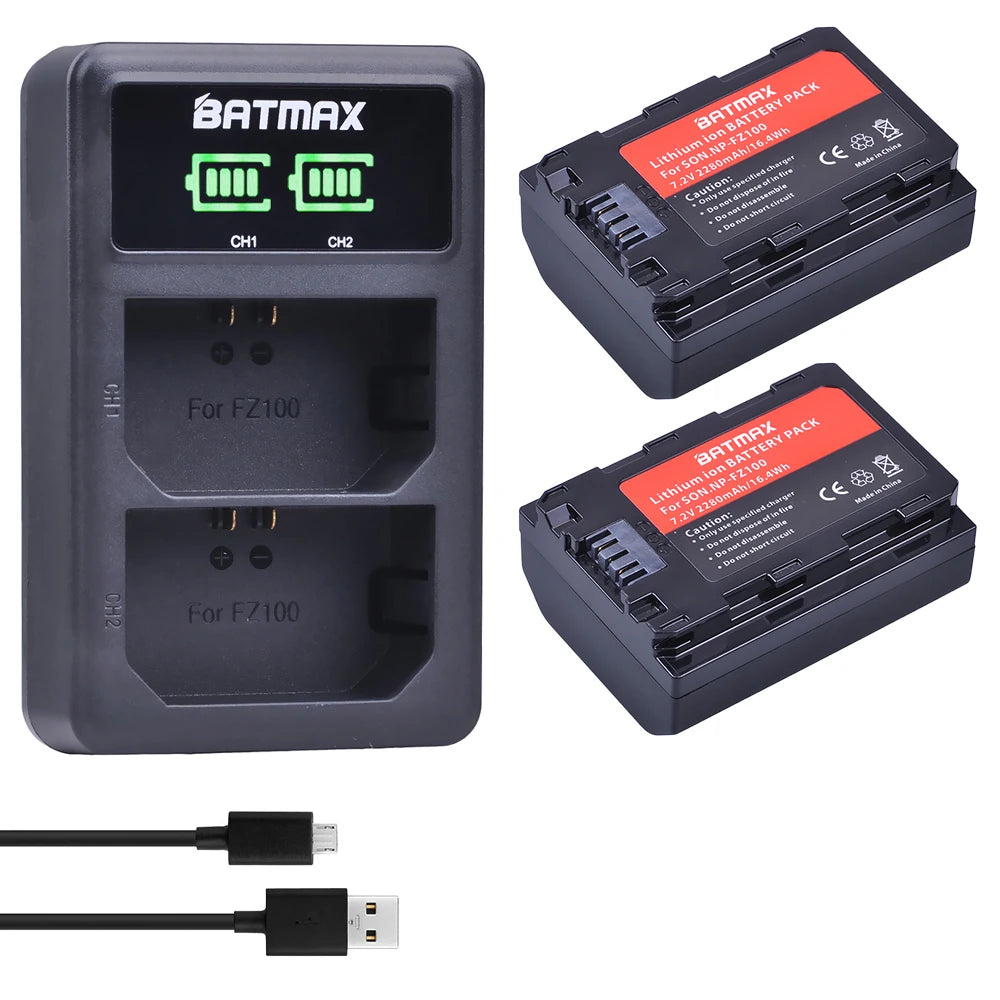Batterie Batmax 2280mAh NP-FZ100 FZ100 + double chargeur LED USB pour Sony ZV-E1, Alpha A7III, A7R III, A9, A6600, a7 IV, a7R IV, A6700, A7M4...