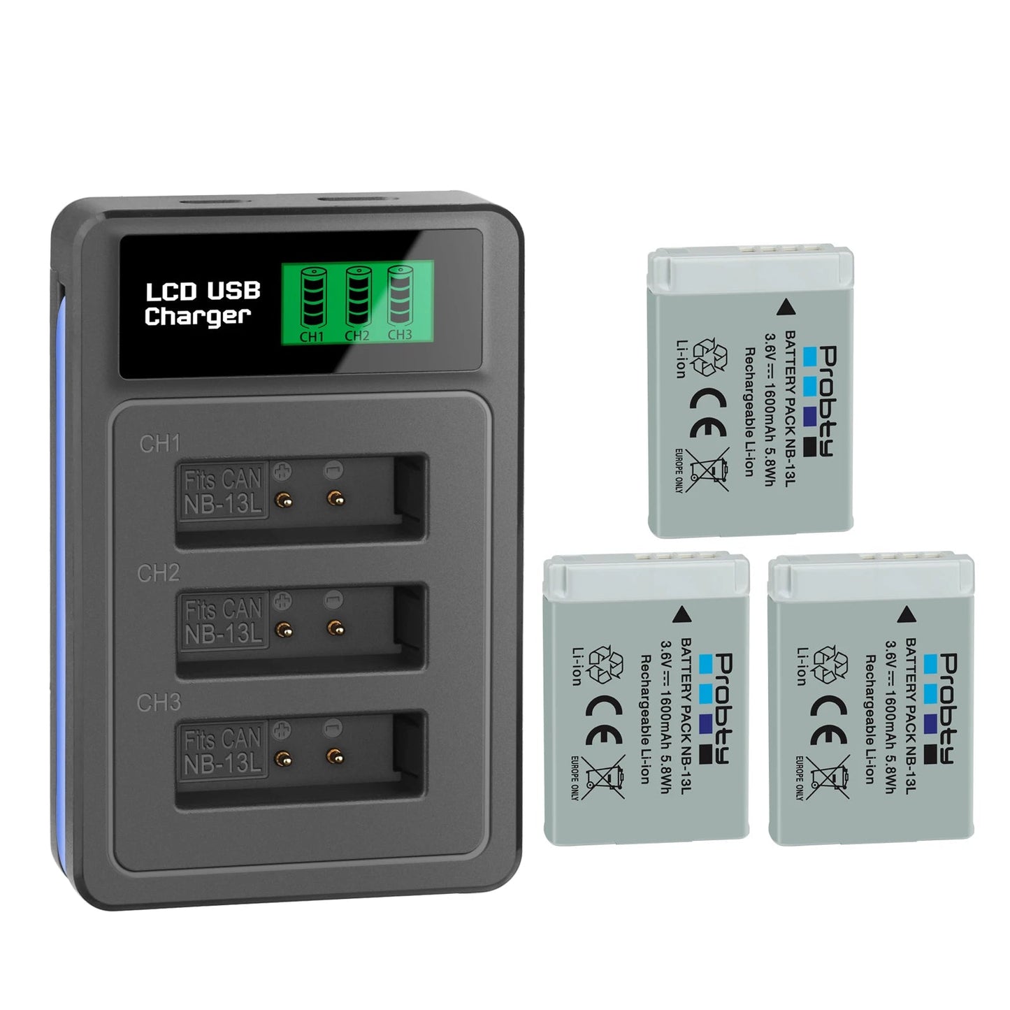 Batterie + chargeur Probty NB-13L NB13L NB-13LH 1600mAh pour Canon PowerShot G5X G7X G9X G7 X Mark II G9 X,SX620 SX720 SX730