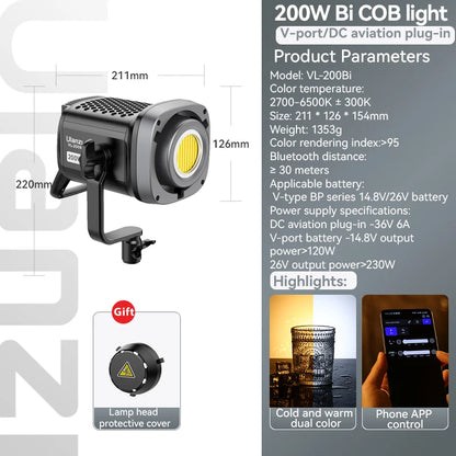 Eclairage LED studio Ulanzi VL-200Bi 200W bicolore réglable continu sans fil APP contrôle pour Studio