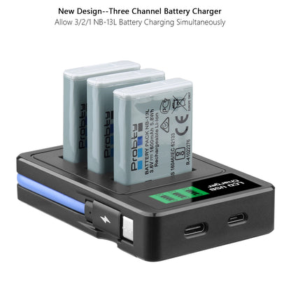 Batterie + chargeur Probty NB-13L NB13L NB-13LH 1600mAh pour Canon PowerShot G5X G7X G9X G7 X Mark II G9 X,SX620 SX720 SX730