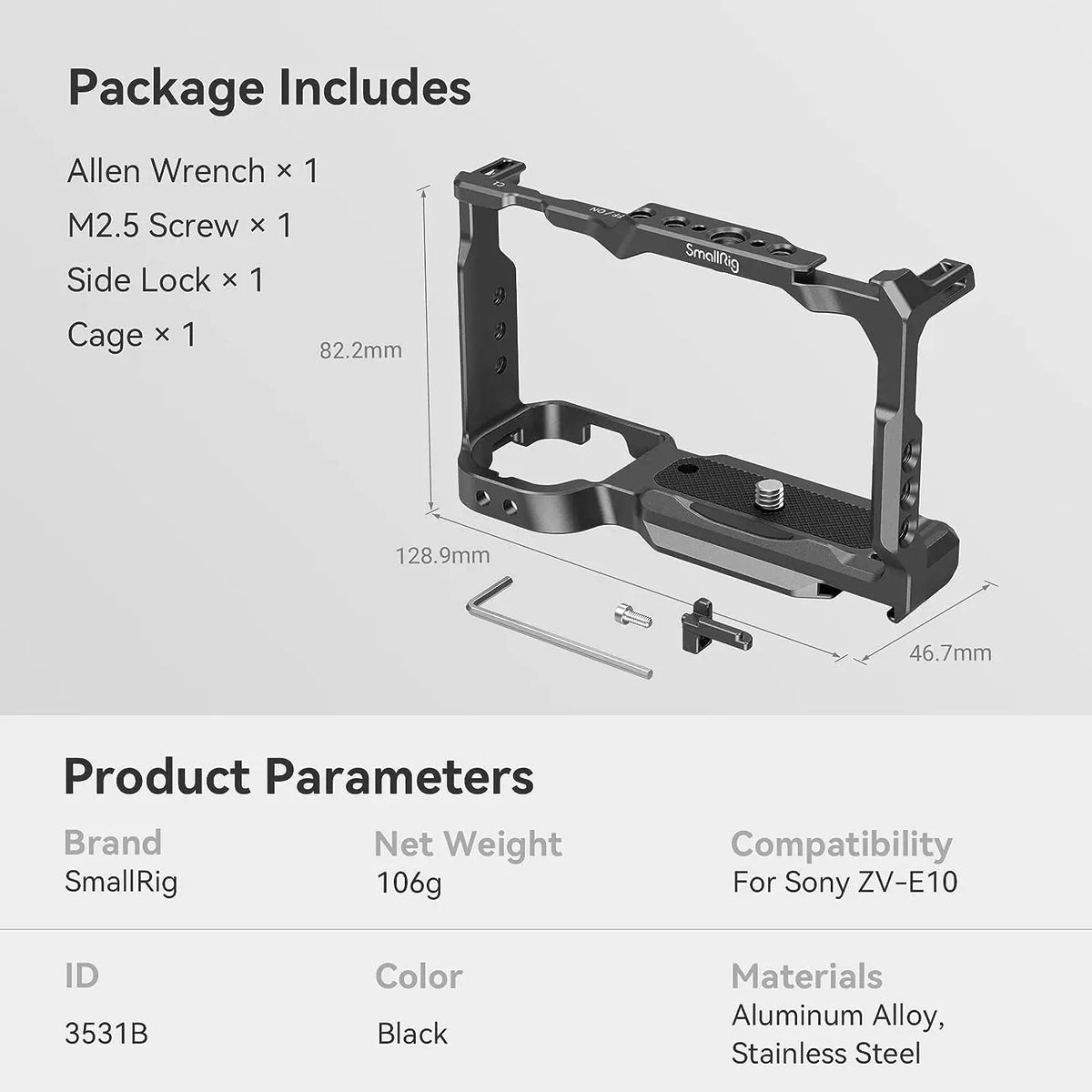 Cage SmallRig 3538 pour Sony ZV-E10 avec poignée et plaque de dégagement rapide intégrée pour kit Arca-Swiss