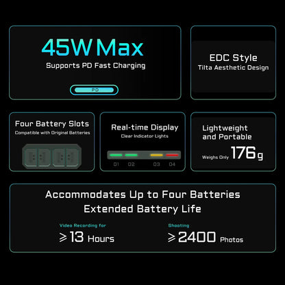 Batterie + chargeur 4 ports TILTA NP-W235 2400 mAh Station de charge portable (4 canaux) pour Fujifilm X-S20 XT5, XT4, GFX100S, GFX100S II, XH2S