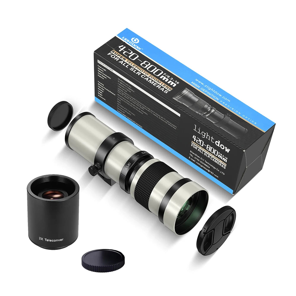 Objectif Lightdow 420-800mm F8.3 téléobjectif manuel Zoom avec convertisseur 2X pour appareils photo Canon Nikon Sony Pentax Fujifilm