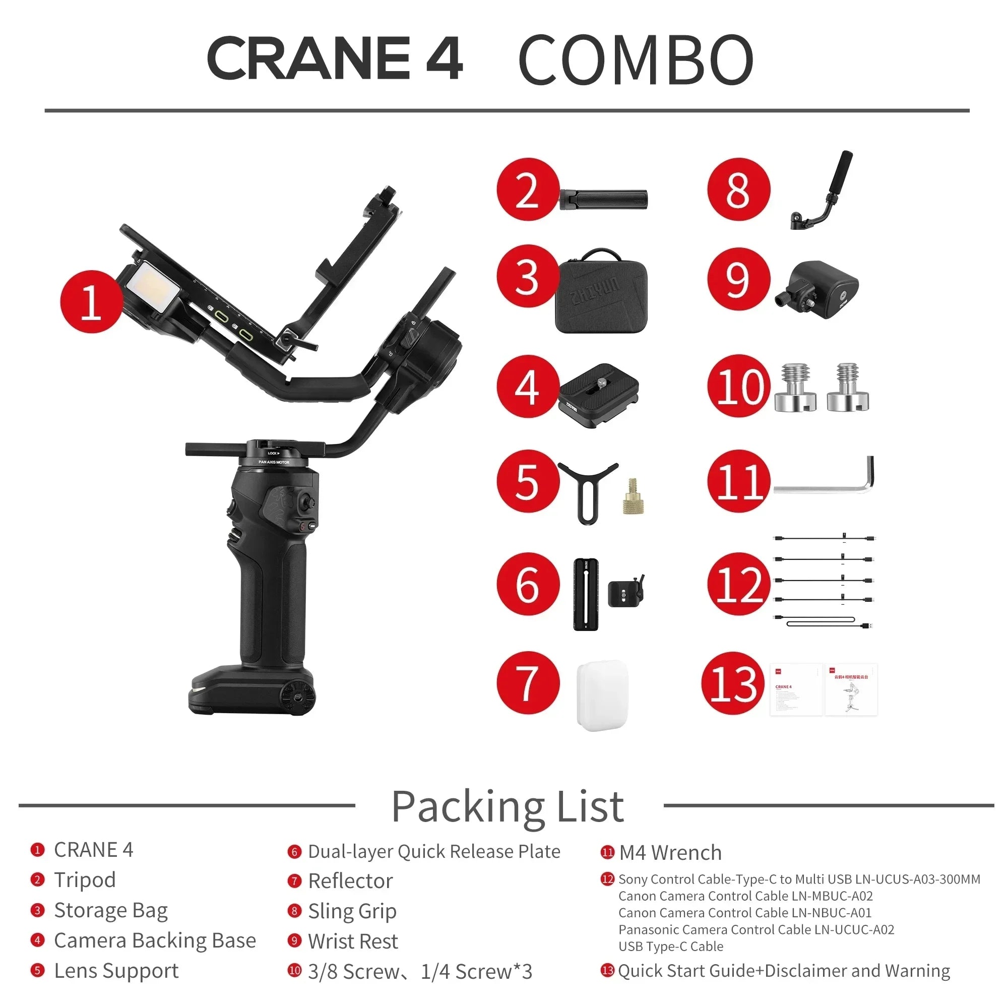 Stabilisateur de caméra ZHIYUN Crane 4 pour Canon Sony Nikon...
