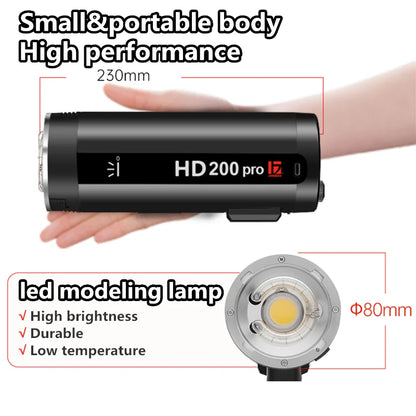 Flash stroboscopique JINBEI HD200pro avec batterie pour l'extérieur 200W TTL 2.4G HSS pour Canon Sony Nikon