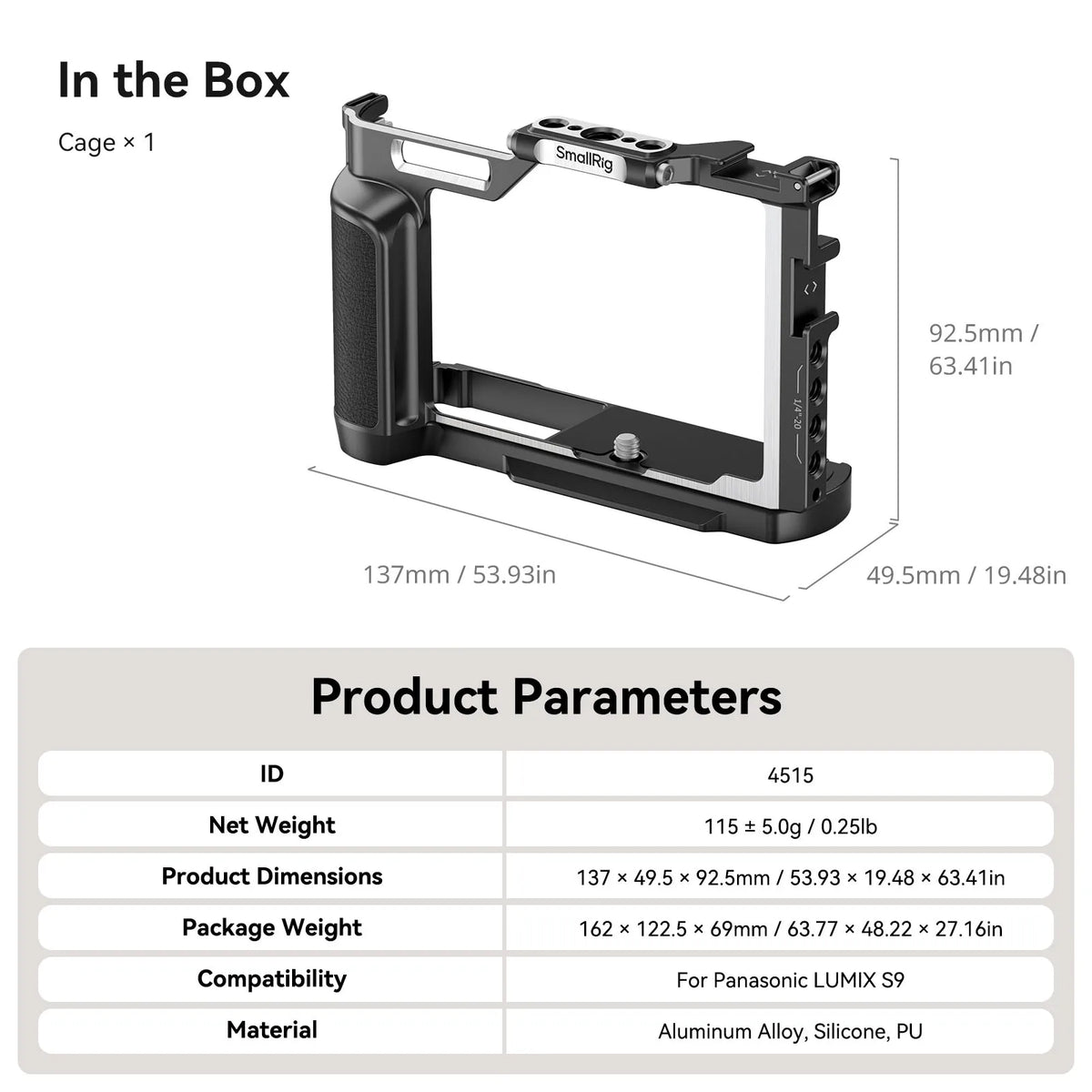 Cage SmallRig 4515 pour Panasonic LUMIX S9, avec poignée en bois et plaque à dégagement rapide Arca-swiss pour trépied de type Arca
