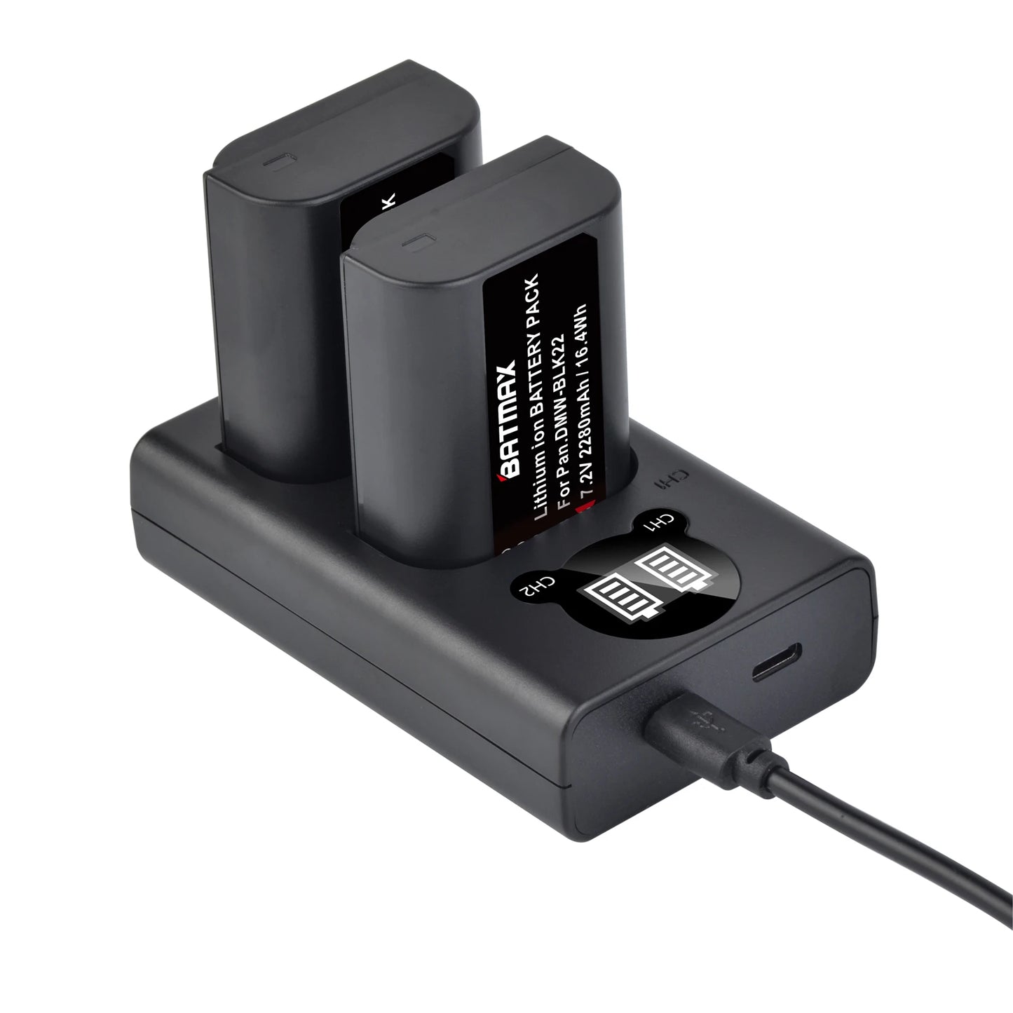 Batterie Batmax DMW-BLK22 BLK22 2280mAh + chargeur double pour Panasonic LUMIX DC-S5, DC-S5K, GH5 II, GH6, S5M2, S5M2X, GH5M2