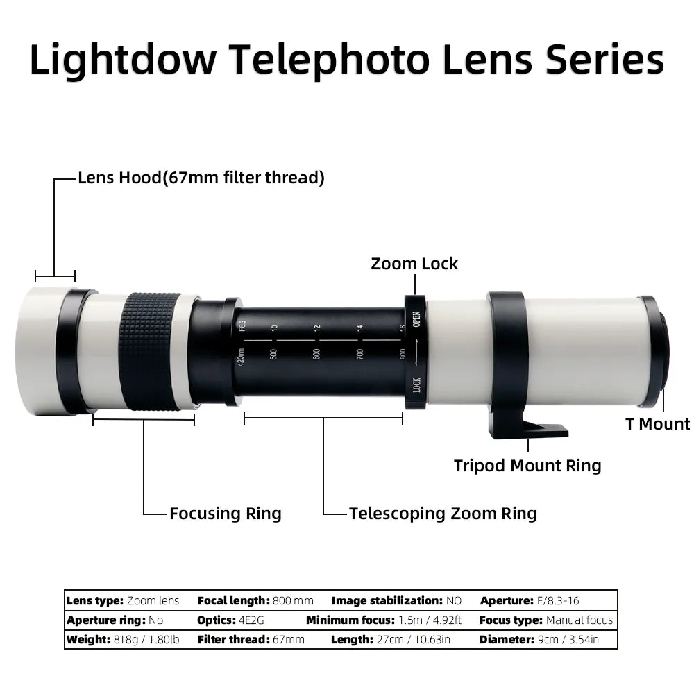 Objectif Lightdow 420-800mm F/8.3-16 + bague d'adaptation T2 pour Canon Nikon Sony Pentax Fuji