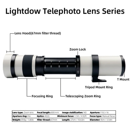 Objectif Lightdow 420-800mm F/8.3-16 + bague d'adaptation T2 pour Canon Nikon Sony Pentax Fuji