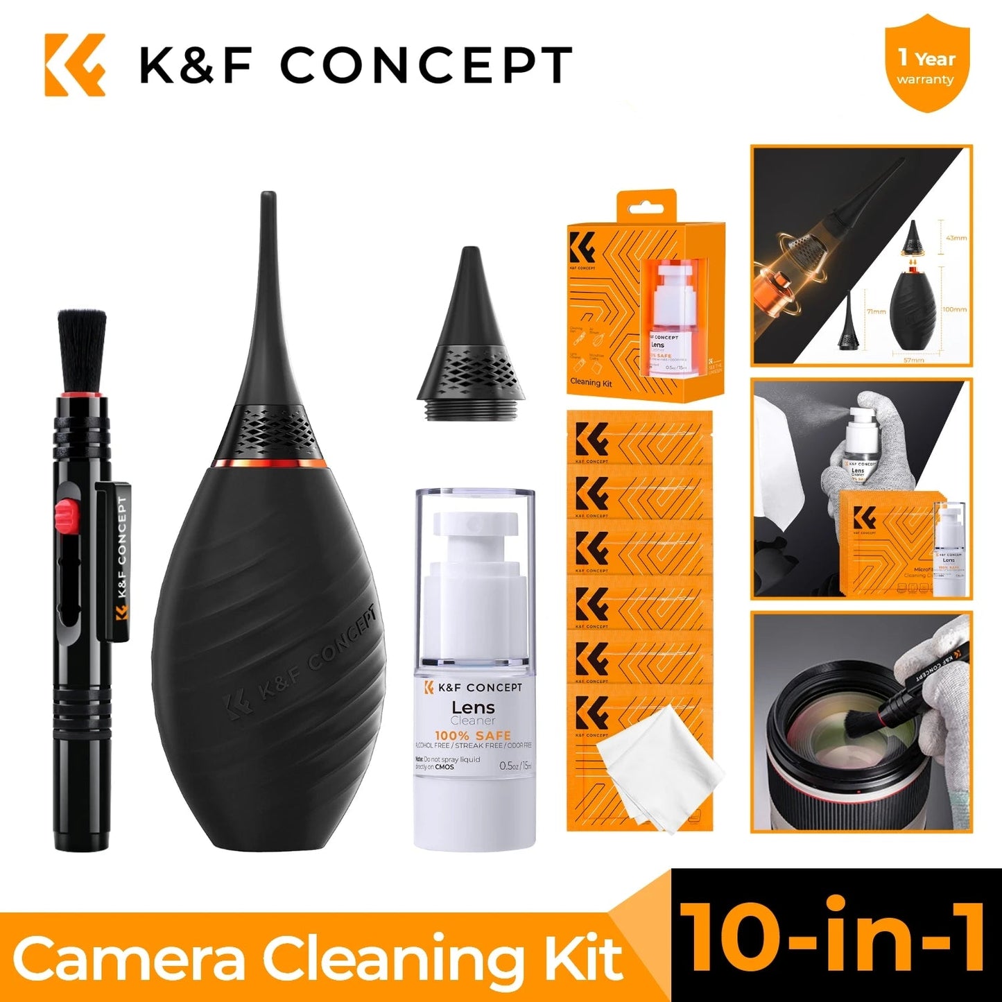 Kit de nettoyage d'objectif d'appareil photo K&F CONCEPT avec souffleur, lingettes, chiffon, liquide de nettoyage et stylo de nettoyage