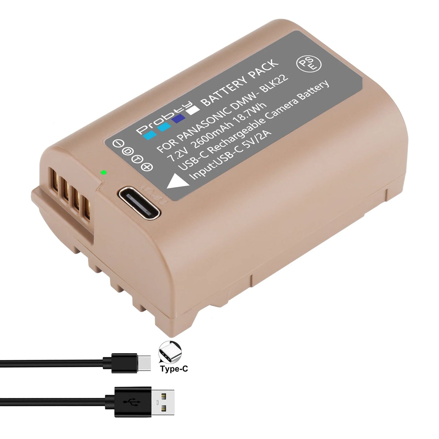 Batterie Probty DMW-BLK22 DMW BLK22, 2600mAh, avec charge USB-C, pour appareils photo Panasonic LUMIX DC-S5 DC-S5 II DC-S5 IIX GH5 II GH6 GH5M2
