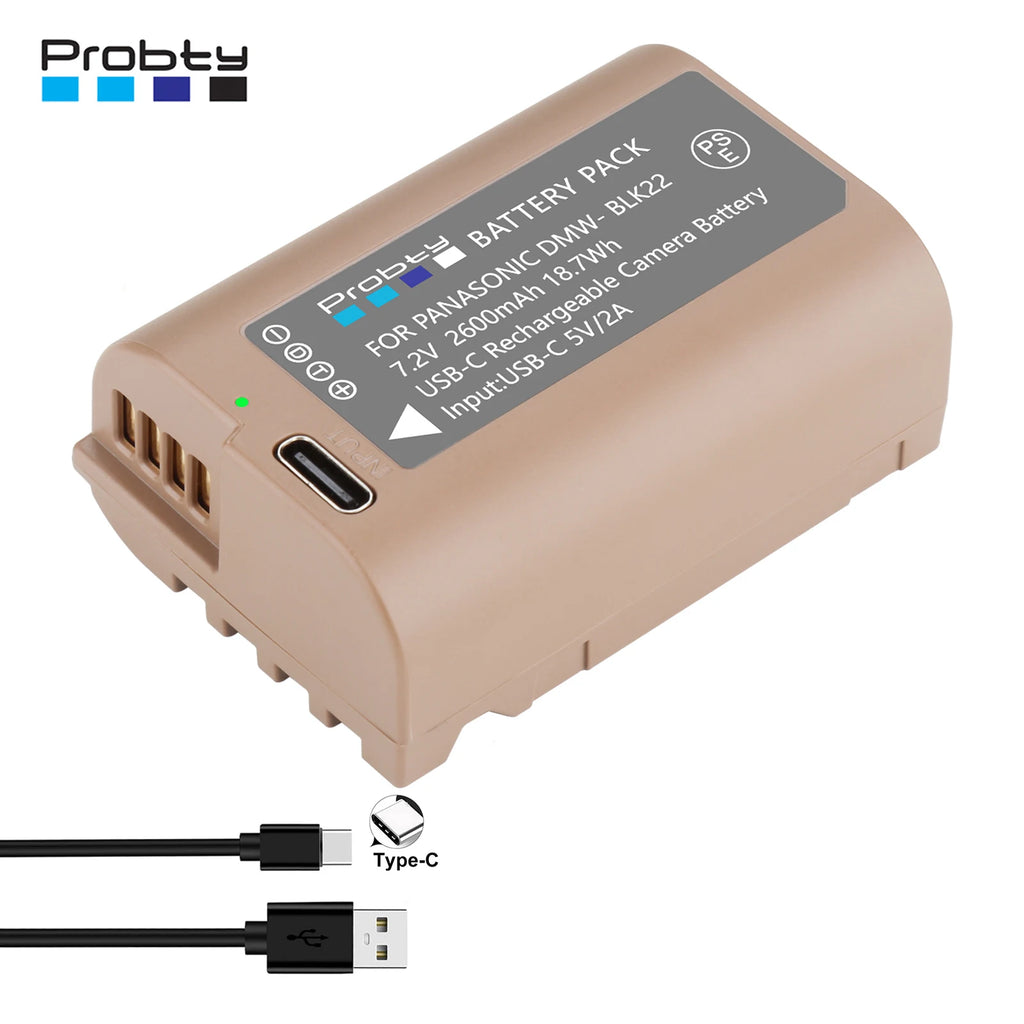 Batterie Probty DMW-BLK22 DMW BLK22, 2600mAh, avec charge USB-C, pour appareils photo Panasonic LUMIX DC-S5 DC-S5 II DC-S5 IIX GH5 II GH6 GH5M2
