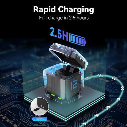 Batterie TELESIN pour GoPro Hero 12, 11, 10, 9, 1750 mAh + Chargeur Rapide à 3 Voies