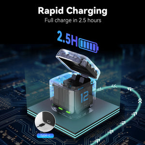 Batterie TELESIN pour GoPro Hero 12, 11, 10, 9, 1750 mAh + Boîtier de Chargeur Rapide à 3 Voies