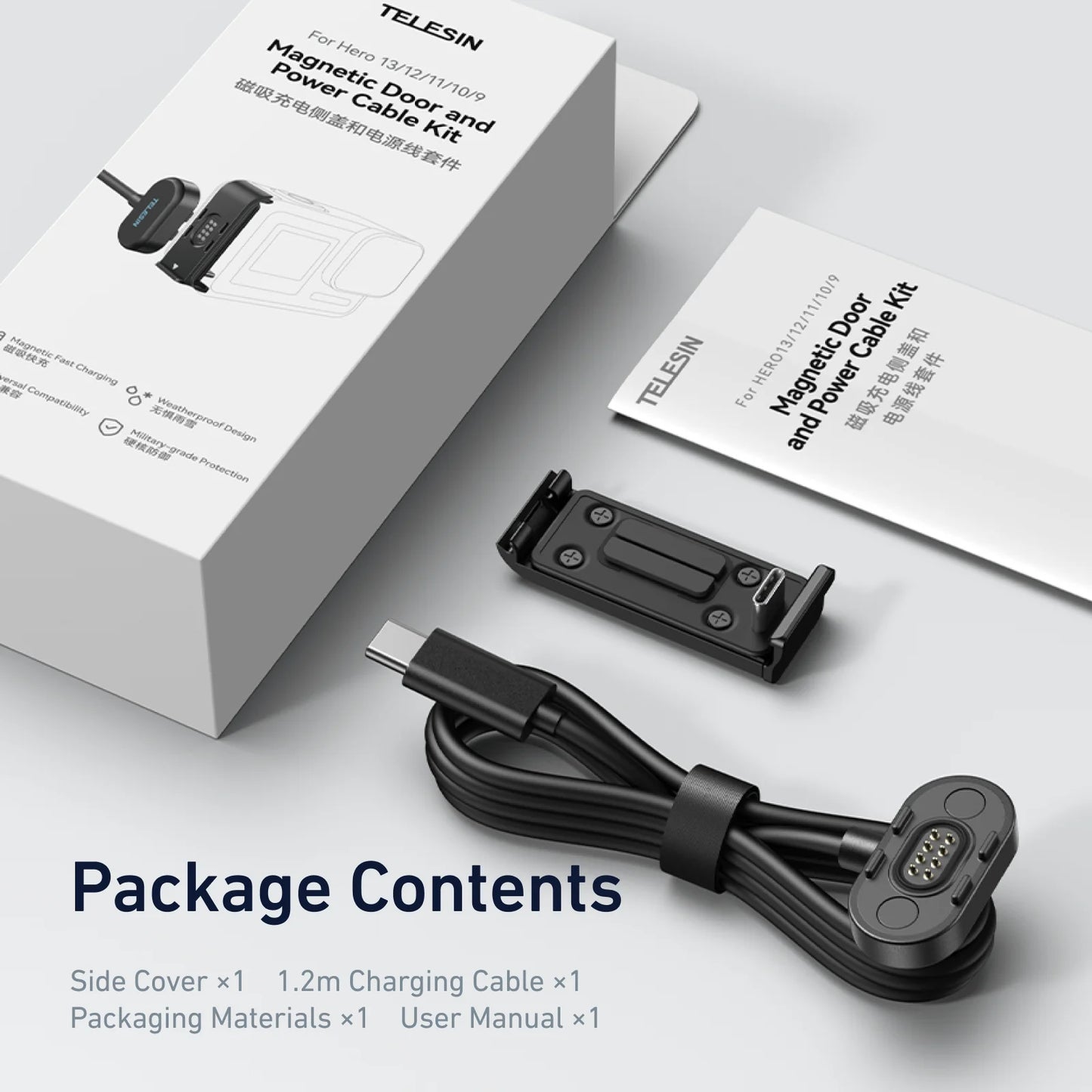Chargeur latéral magnétique étanche TELESIN pour Gopro hero 9 10 11 12 13 type-c