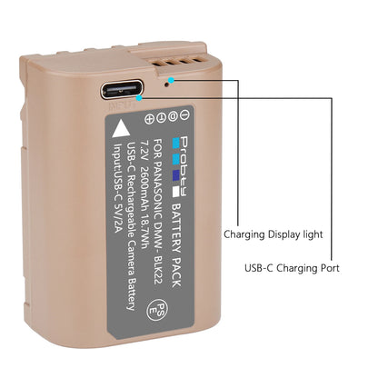 Batterie Probty DMW-BLK22 DMW BLK22, 2600mAh, avec charge USB-C, pour appareils photo Panasonic LUMIX DC-S5 DC-S5 II DC-S5 IIX GH5 II GH6 GH5M2